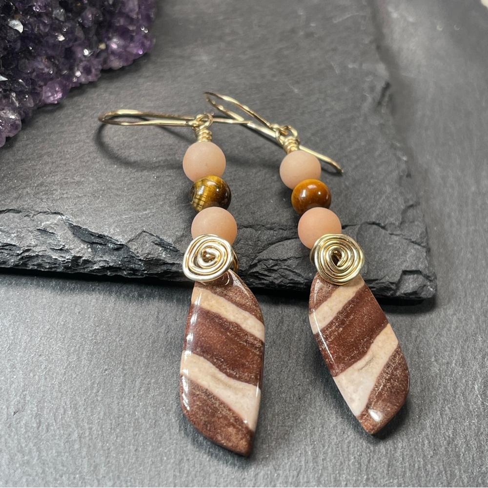 14k Gold Filled Wire Wrap
Zebra Jasper And Tiger’s Eye 
Gemstone Dangle Earrings - Picture 6 of 9